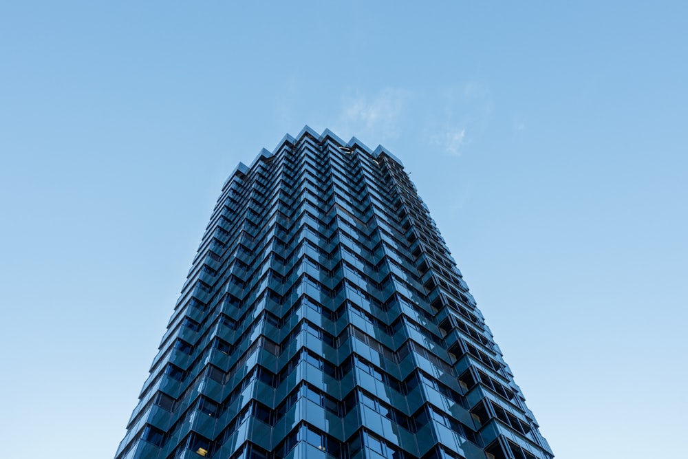 blue building worms-eye view