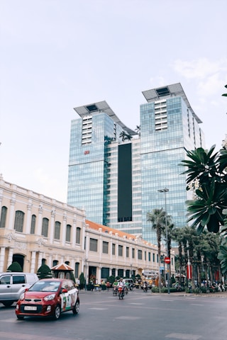 gray and blue concrete building