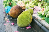 Fresh jackfruits displayed on a rustic wooden table ready for value addition processing.