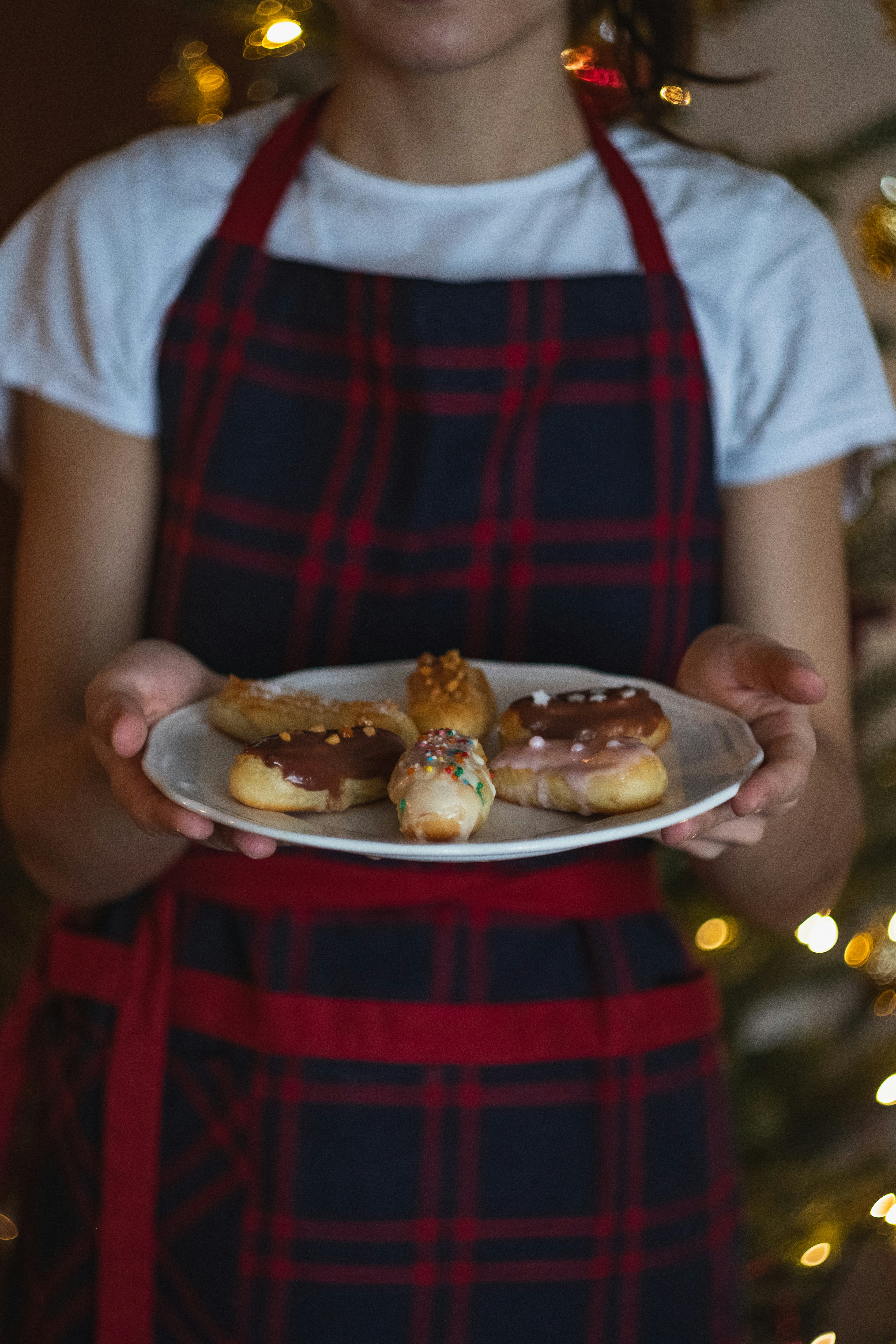 Person holding a plate with doughnuts