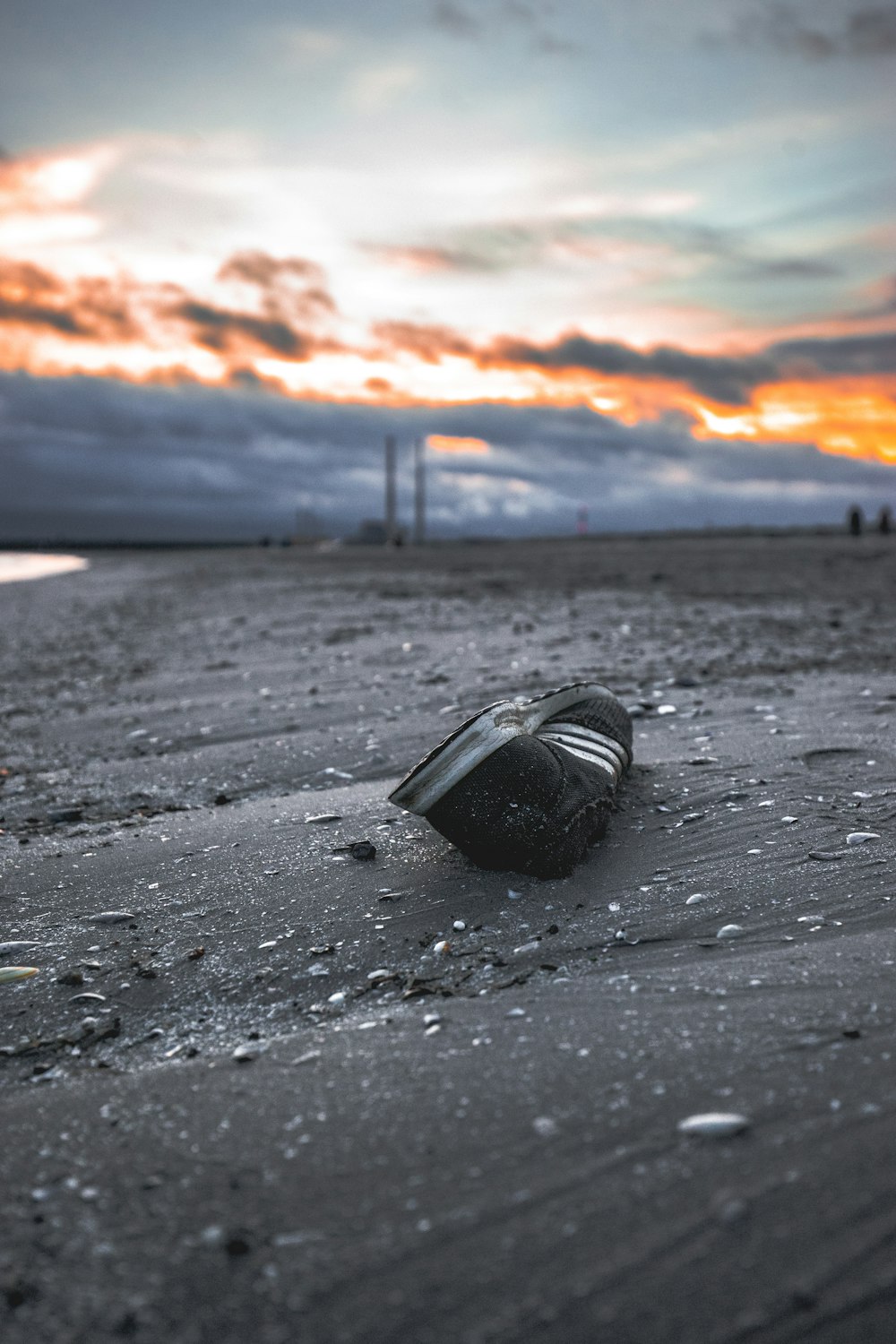 black and white Adidas shoe on shore