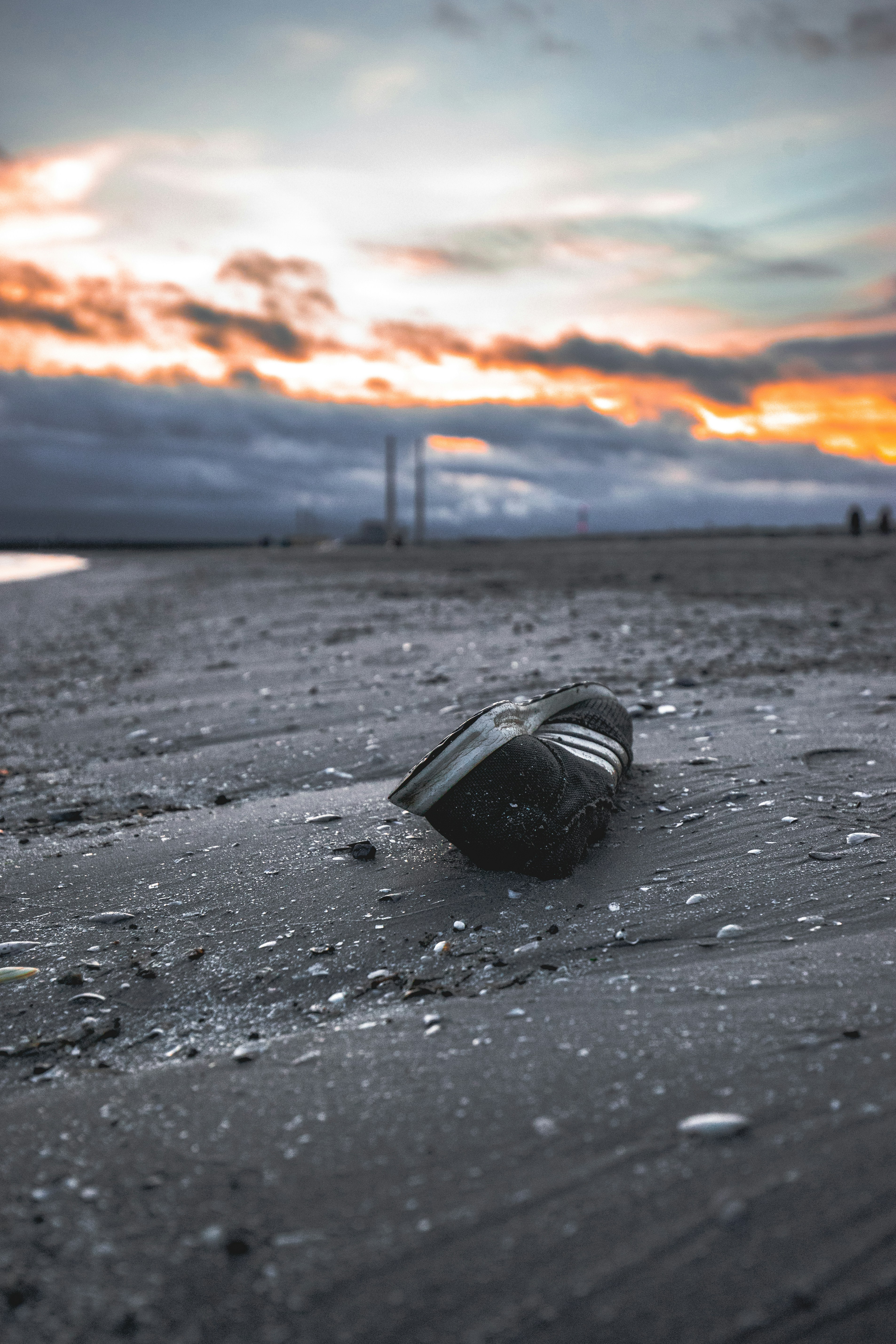 Sunset from Bull Island in Dublin, Ireland, with a random Adidas trainer laying in the sand