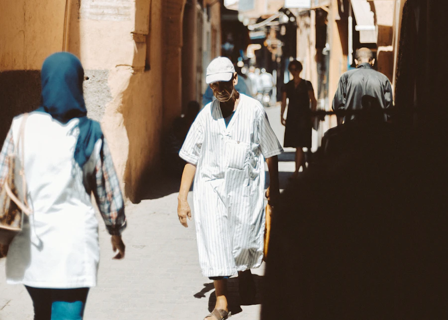 A narrow lantern-lined alleyway in the Marrakech medina