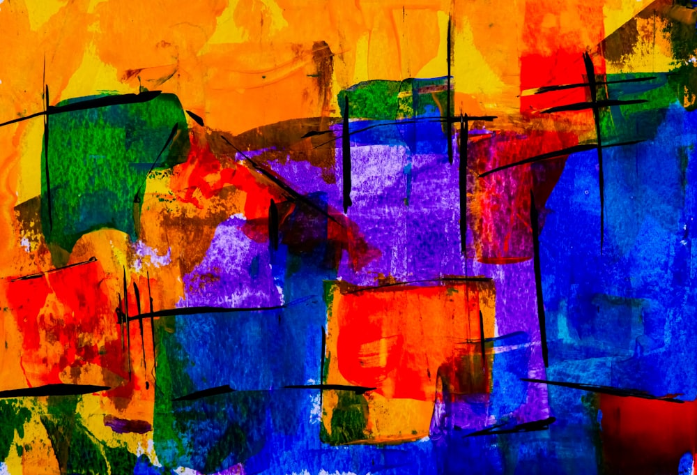 purple, yellow and red abstract painting