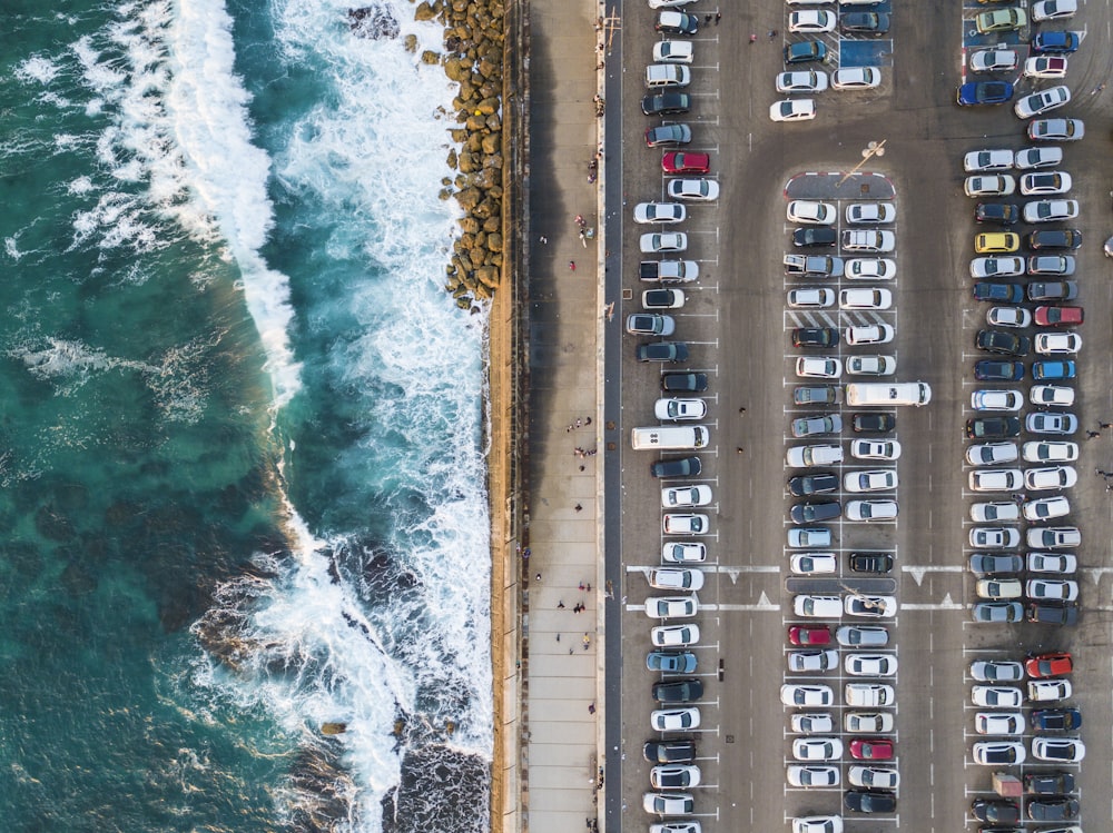 aerial ocean wave near on parking lot