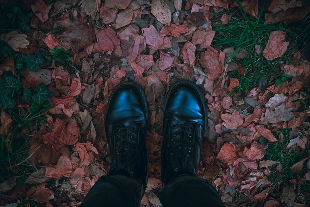 person wearing brown leather shoes standing on fall leaf covered floor