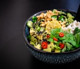 vegetable salad in gray bowl