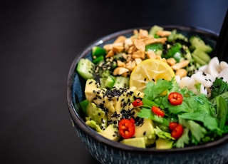 vegetable salad in gray bowl