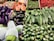 A vibrant assortment of fresh vegetables displayed neatly in a market setting. The array includes purple eggplants, small green peas, bitter gourds, chillies, green eggplants, and other fresh produce packed in netting.