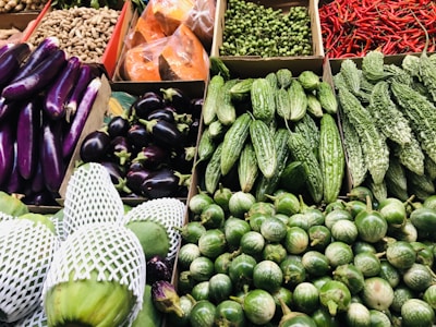 A vibrant assortment of fresh vegetables displayed neatly in a market setting. The array includes purple eggplants, small green peas, bitter gourds, chillies, green eggplants, and other fresh produce packed in netting.