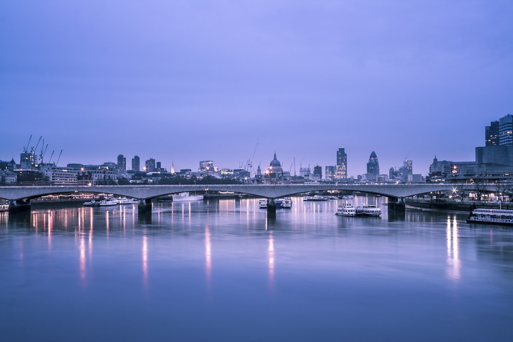 long bridge with city skyline background