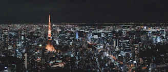 Nighttime cityscape of Tokyo with glowing lanterns and bustling streets.