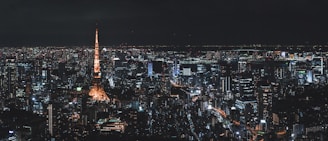 Elegant Tokyo cityscape at dusk with subtle gold lighting reflecting off modern buildings.