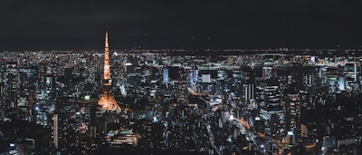 A serene view of Tokyo's skyline at dusk, with glowing city lights.