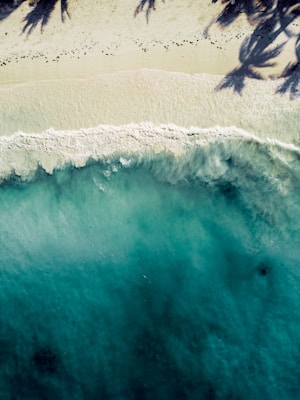 Aerial view of a beach with turquoise waves gently crashing against a sandy shore. The sand is light-colored, and there are shadows of palm trees on the sand, indicating a sunny environment. The water displays gradient shades of blue and green.