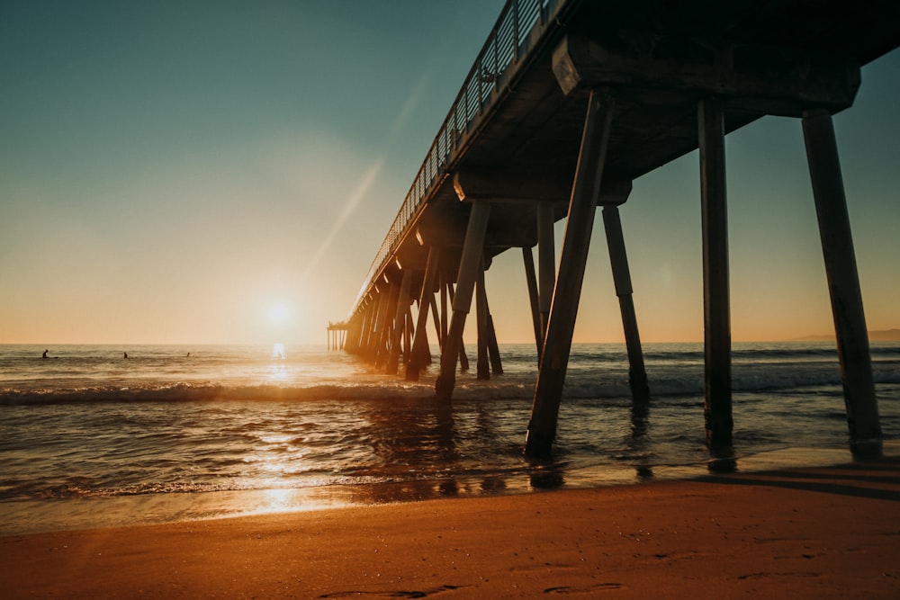 brown wooden dock above seashore during golden hour