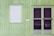 The image depicts a green exterior wall of a building with vertical panel siding. There is a white roll-down shutter covering the window on the left, and a double door with dark, almost opaque, glass panels on the right. There is also a small white mailbox or nameplate mounted on the wall between the window and the door.