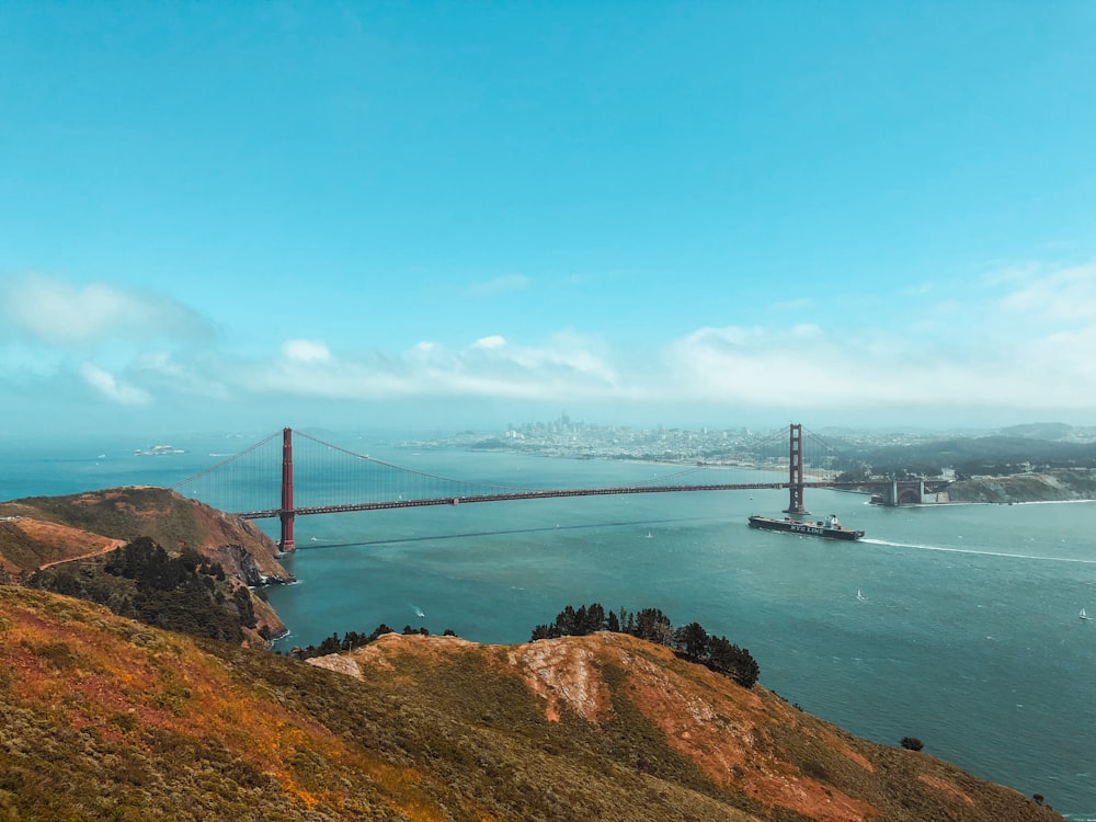 red bridge and green mountain during daytime