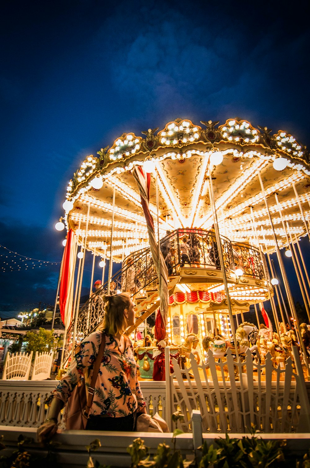 person looking at amusement park during nighttime