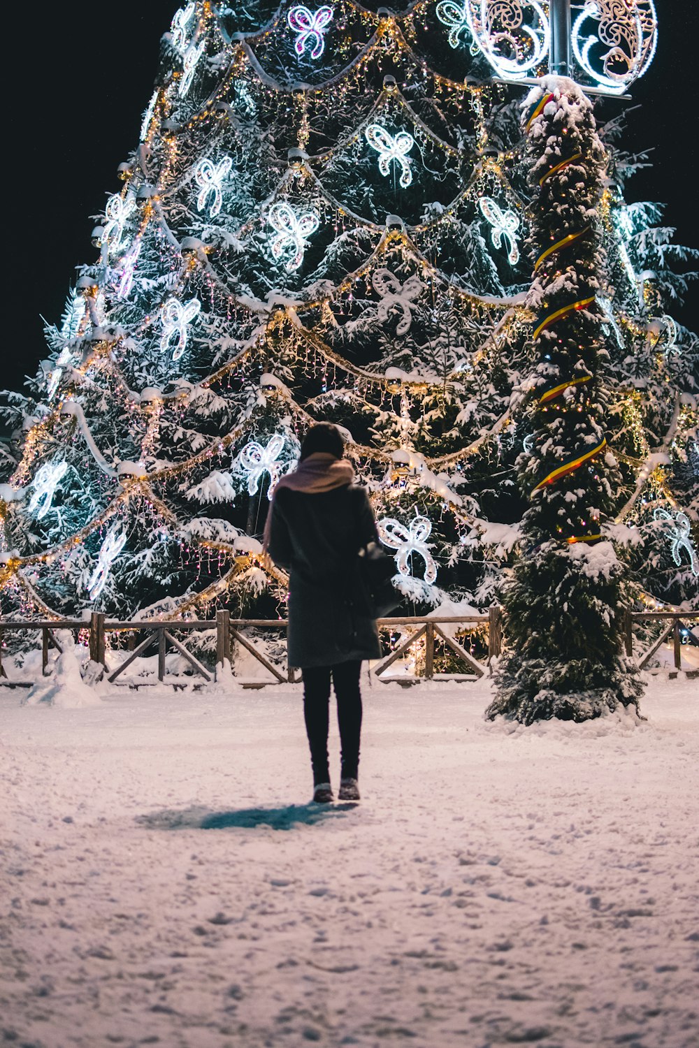 woman wearing brown scarf across Christmas tree