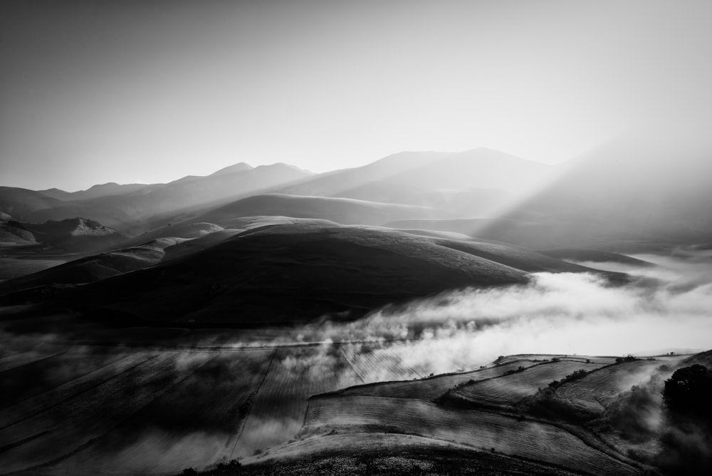 grayscale photo of mountains