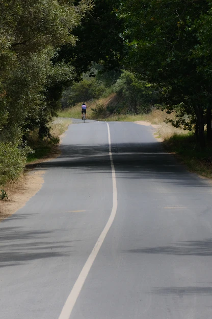 Cyclist riding through a lush rural trail surrounded by green trees and a glimpse of a waterfall in the background