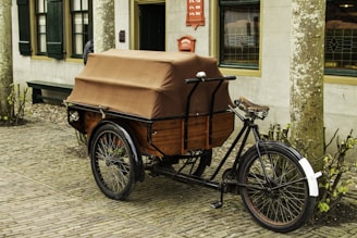 A vintage cargo tricycle with a brown covered storage compartment sits on a cobblestone street. The trike has a black frame and a brown leather seat. It is parked in front of a building with green window shutters and a door. Leafless plants border the sidewalk.