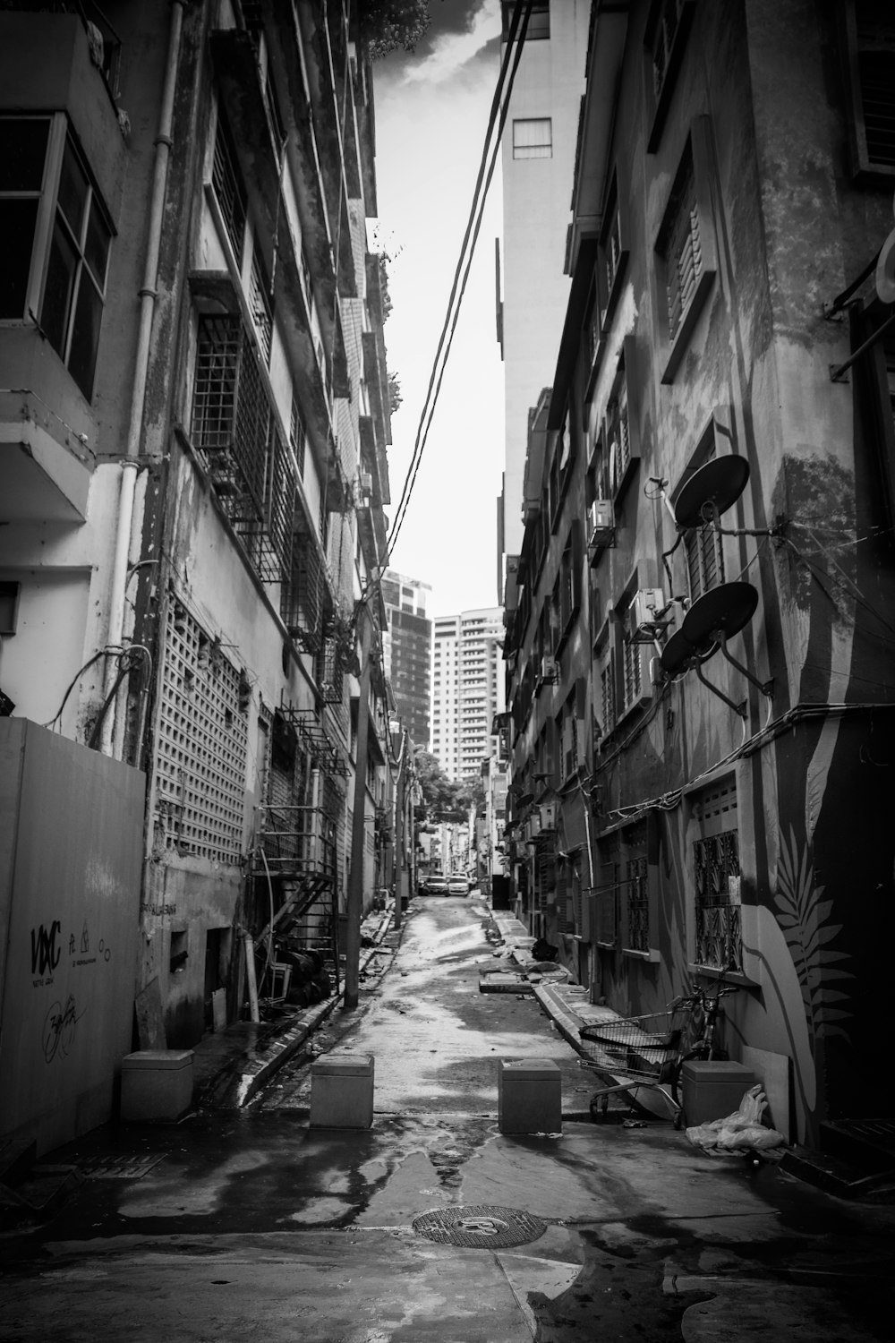 grayscale photography of pathway between buildings