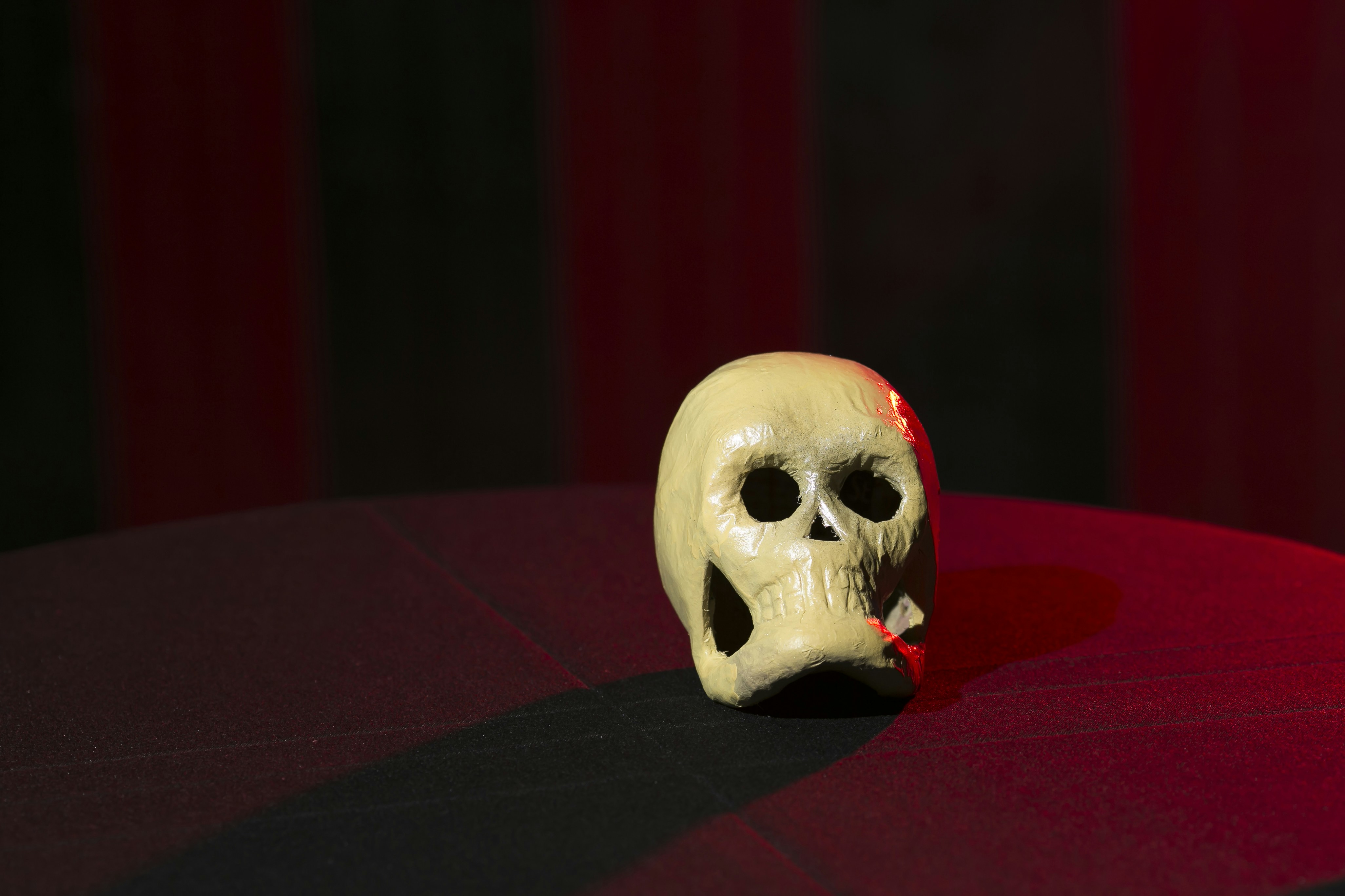 beige decorative skull on red textile