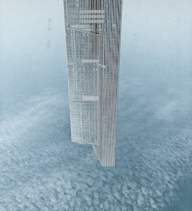 A modern skyscraper stands above a vast expanse of fluffy clouds, with its sleek, glass-covered exterior reflecting light. The building appears to pierce through the sky, giving an impression of great height and isolation.