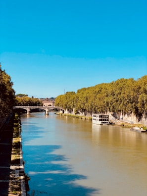 A serene river scene with clear blue skies. Trees line both sides of the riverbank, and a historic stone bridge spans across the river in the background. A houseboat is moored on the right side of the river.