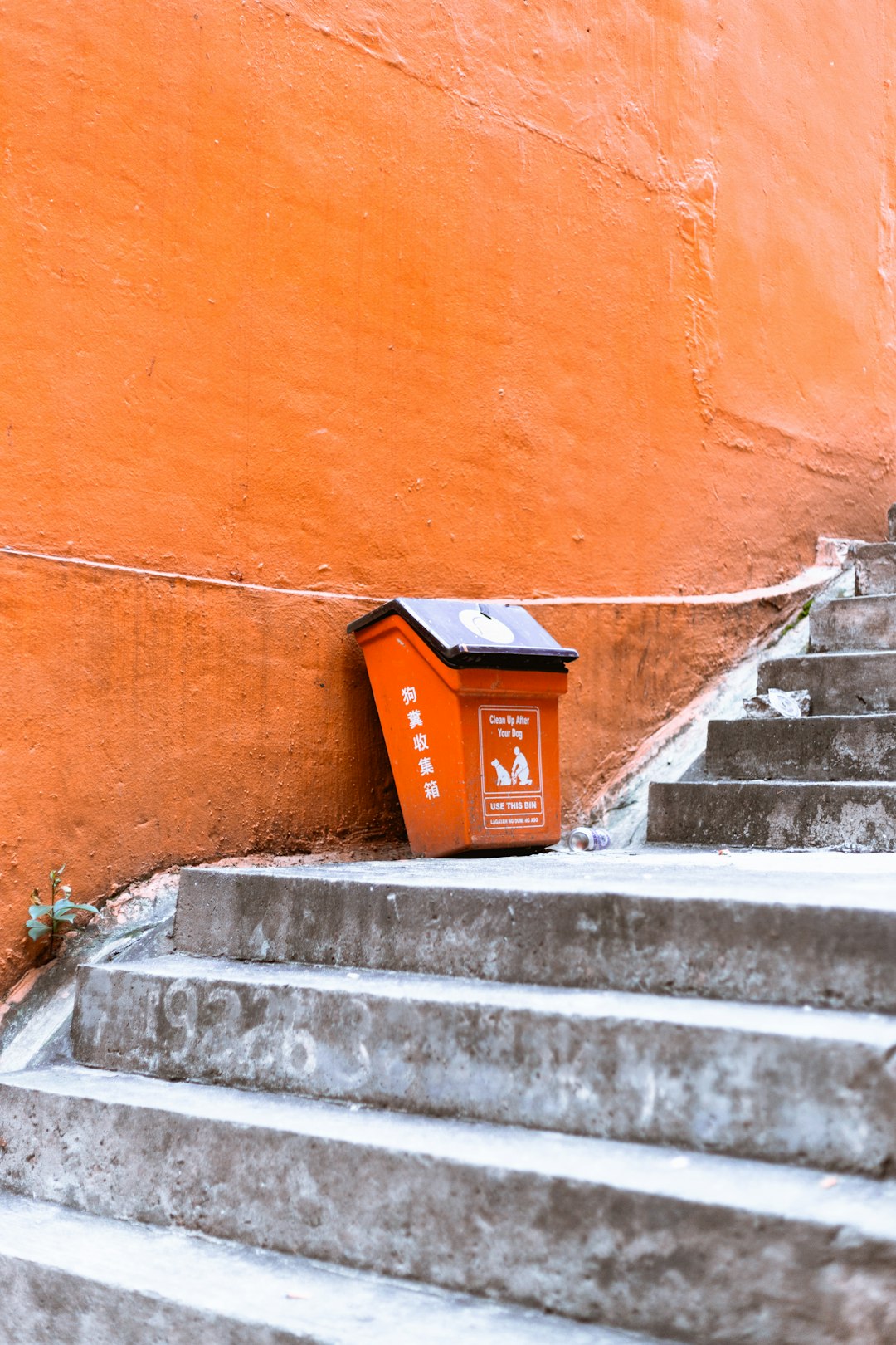 orange and black plastic trash bin beside orange painted wall