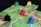 A board game setup with colorful wooden game pieces, known as meeples, placed on square tiles. The tiles depict green fields and small sections of villages or roads.