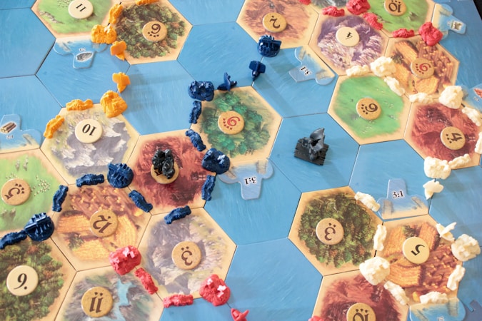 Catan board game set up with pieces and tiles