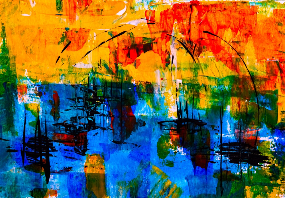 orange, blue, and red abstract painting