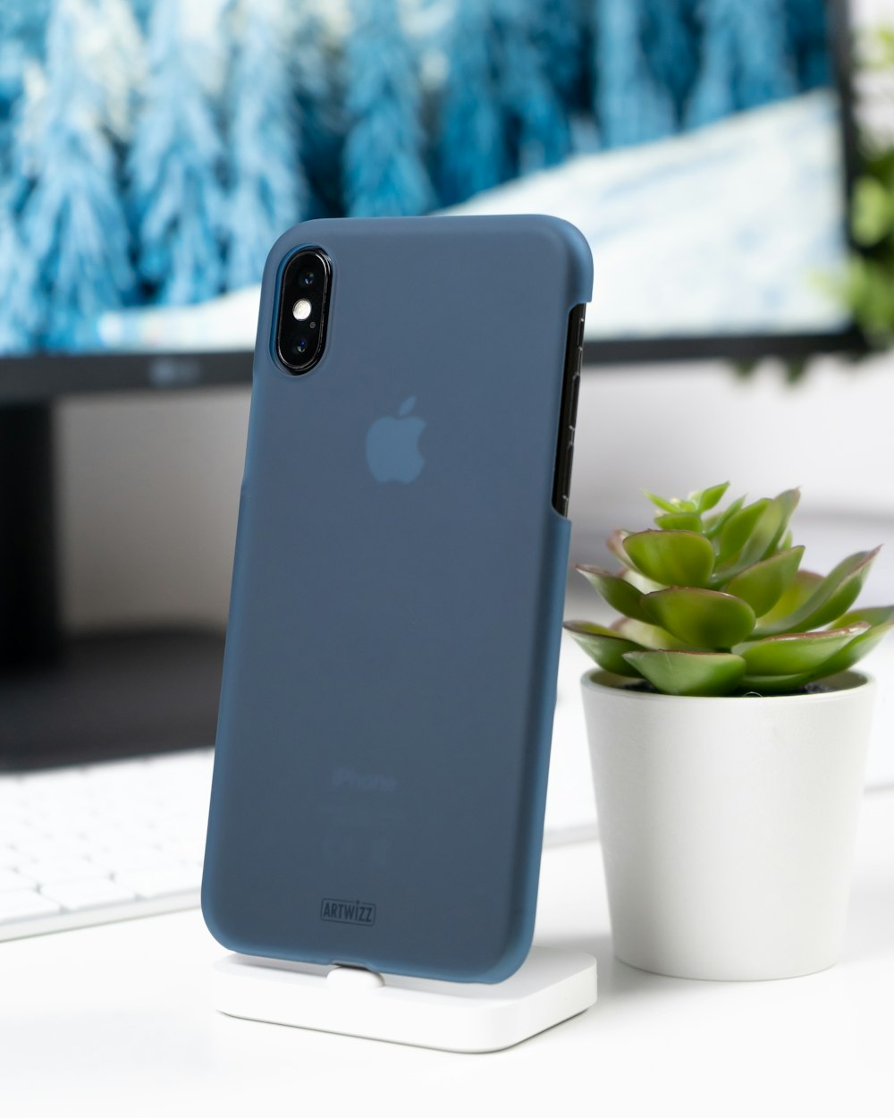 iPhone Xs preto com capa azul perto de planta suculenta verde