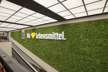 A large, well-lit wall with a lush green plant covering displays a prominent logo and the words 'Wir lieben Lebensmittel'. The setting is modern and minimalist, featuring a ceiling with a grid of lights and an escalator nearby.