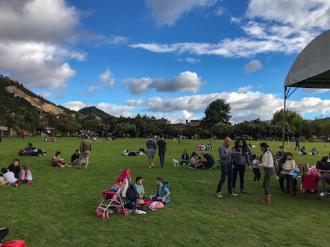 A peaceful gathering in a park with families enjoying nature.