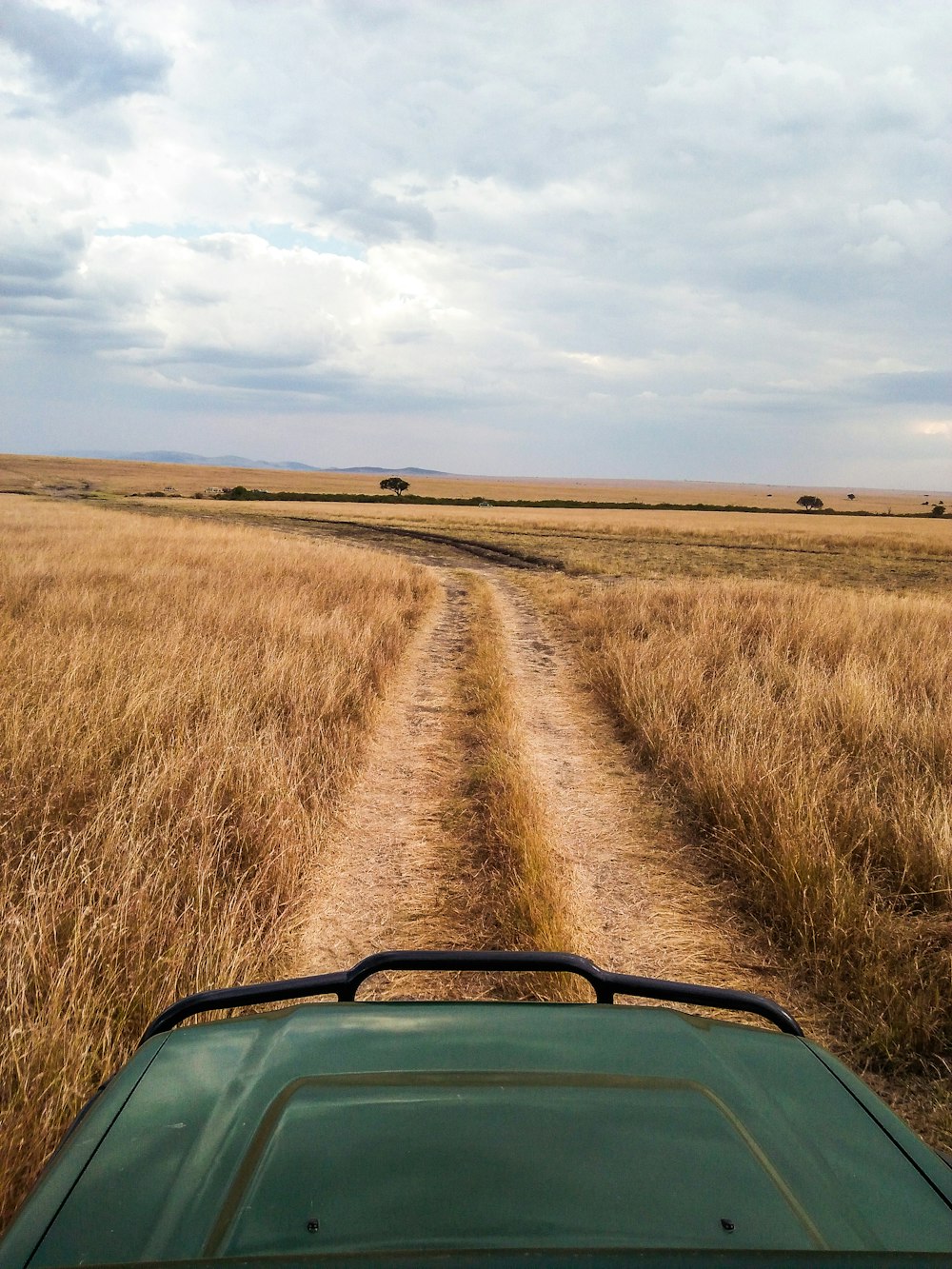 vehicle passing on dirt road between grass field during daytime