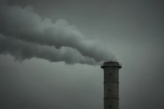 A tall industrial smokestack releases a large plume of smoke against a gray, overcast sky. The scene conveys a sense of industrial activity and environmental impact.