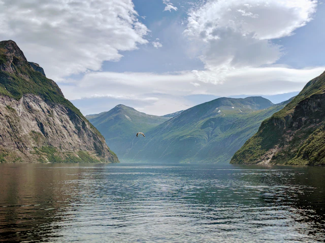 Calm waters of the Geirangerfjord ringed by mountains, Norway