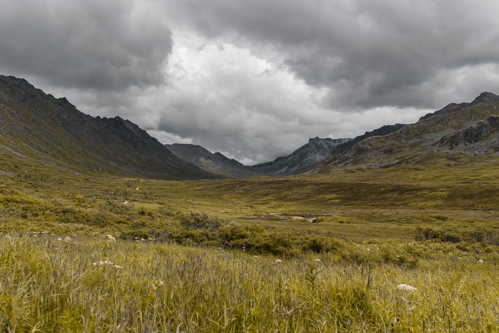 grass field between mountains on cloudy day