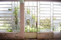 A set of sparkling clean windows overlooking a peaceful garden at a rental property.