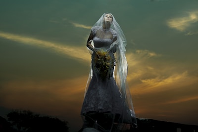 A bride in a detailed lace wedding gown holds a bouquet, veiled and illuminated dramatically against a dusky sky with golden clouds.