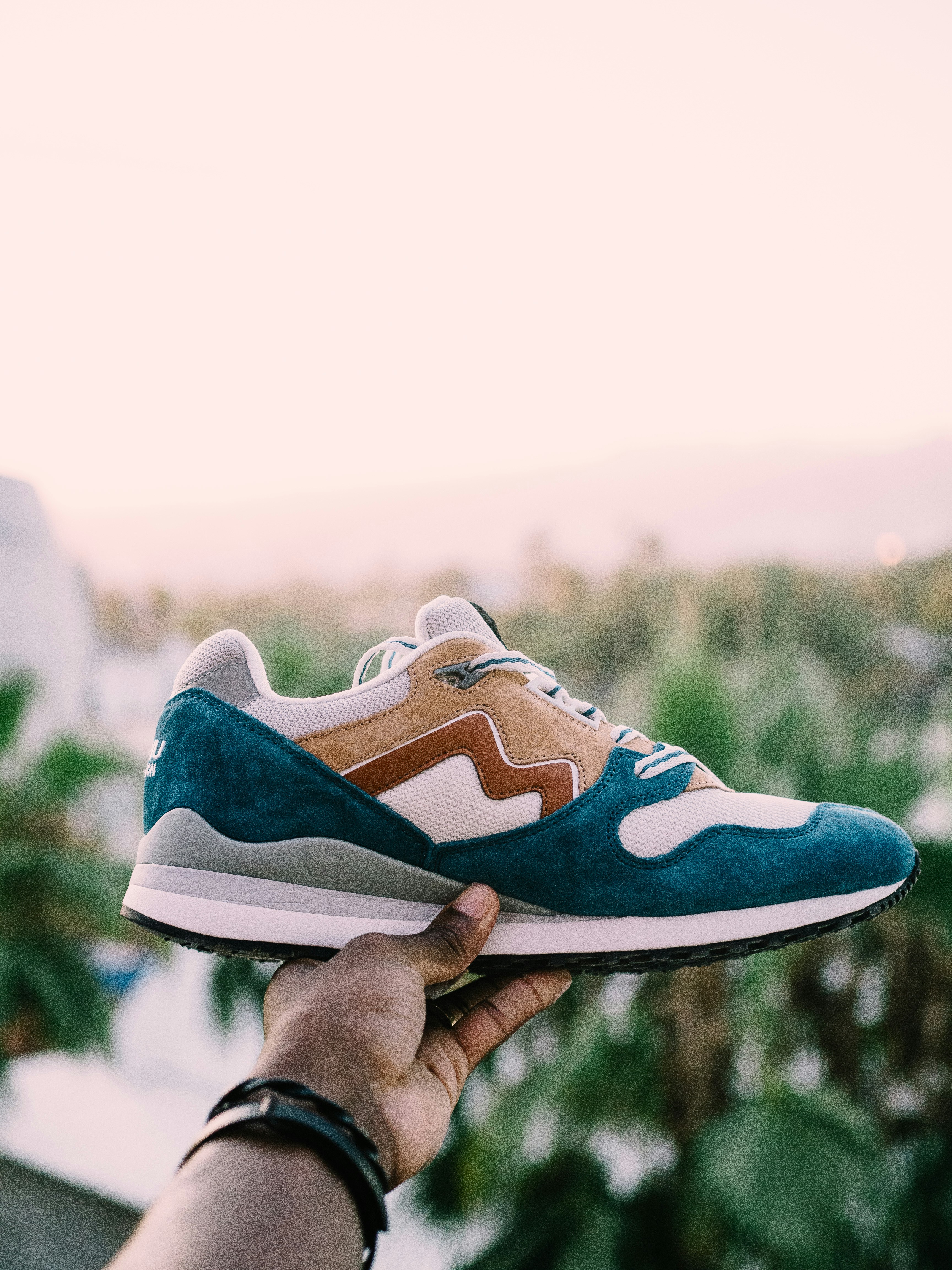 person holding blue, white, and brown running shoe