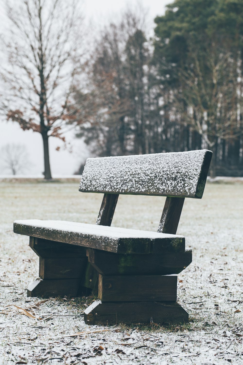 a bench sitting in the middle of a field covered in snow