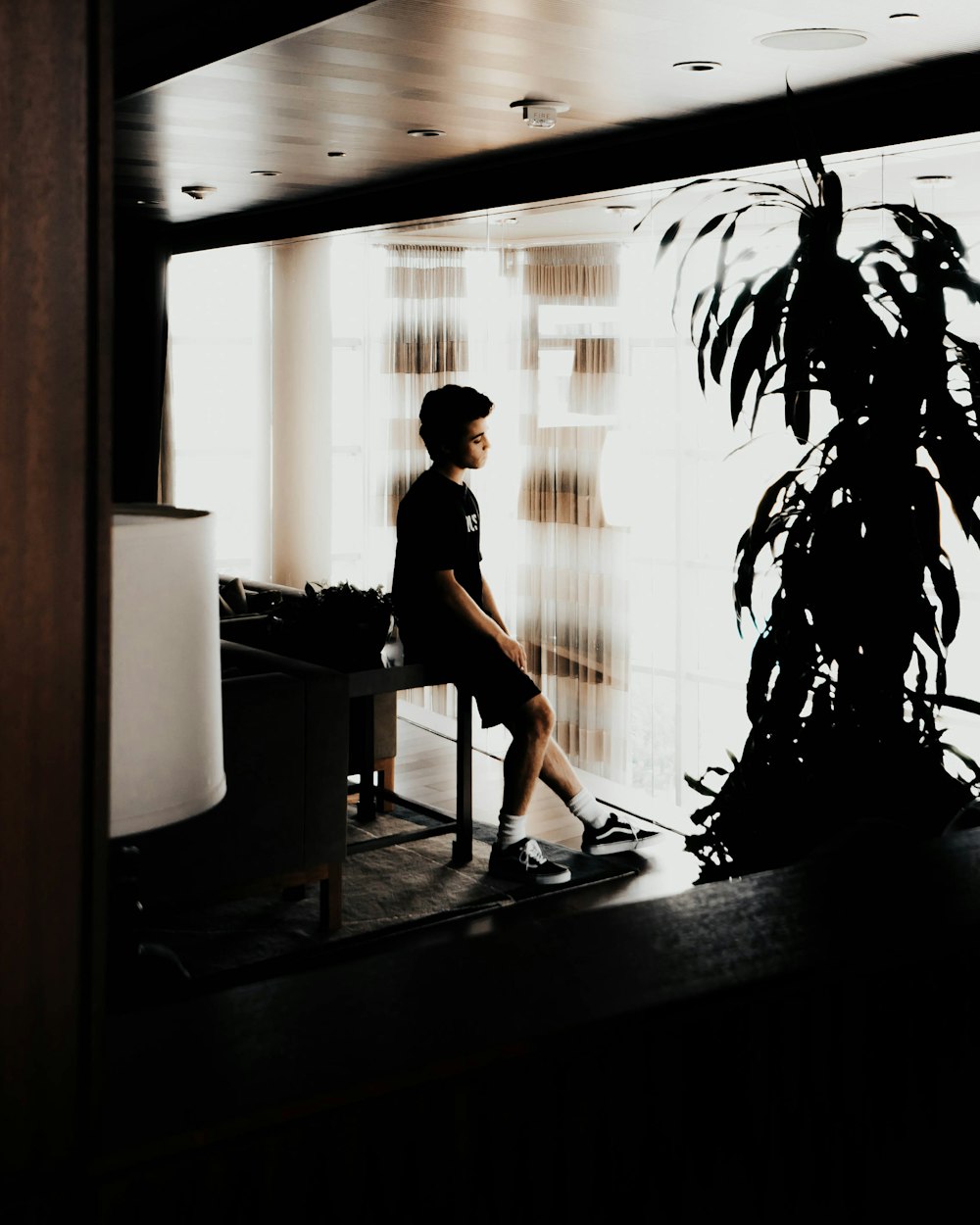 man sitting on side table in front of plant