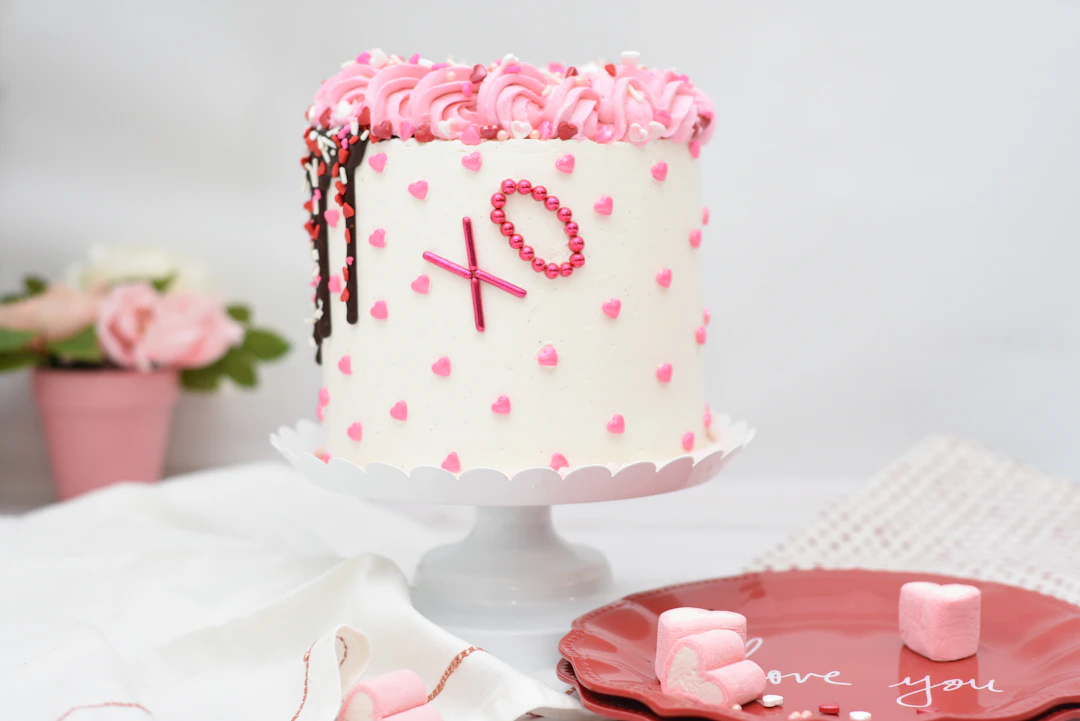 A round pink and white iced cake with delicate piped detail, the kind of polished finish families often choose for a quinceanera cake