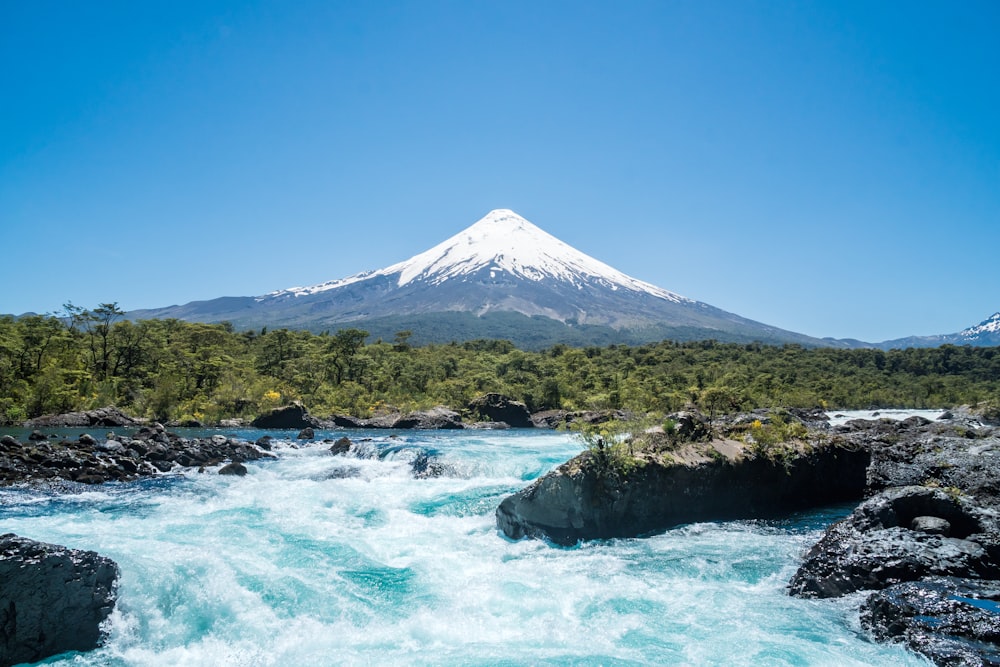 a river with a mountain in the background