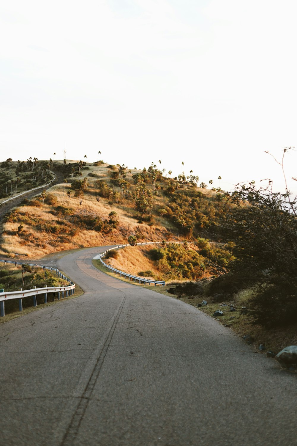 empty road on hill under white sky